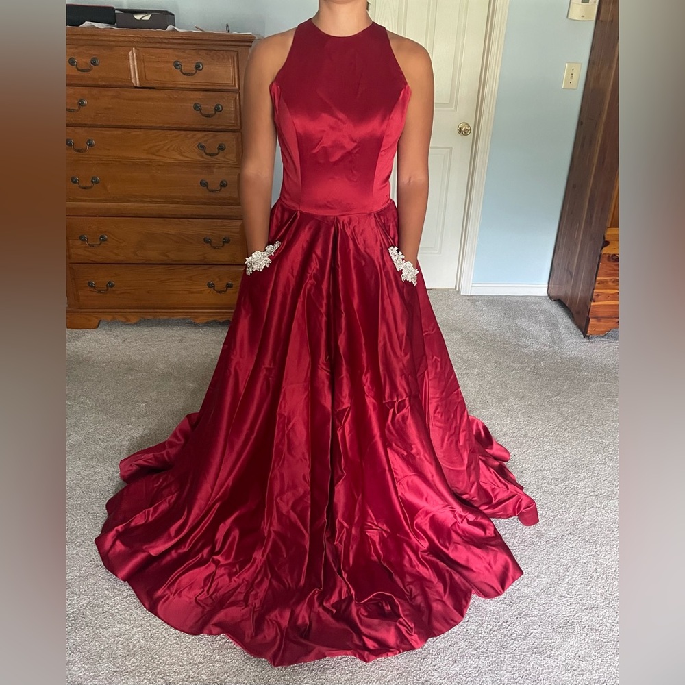 NEVER WORN Elegant Red Satin Evening Gown